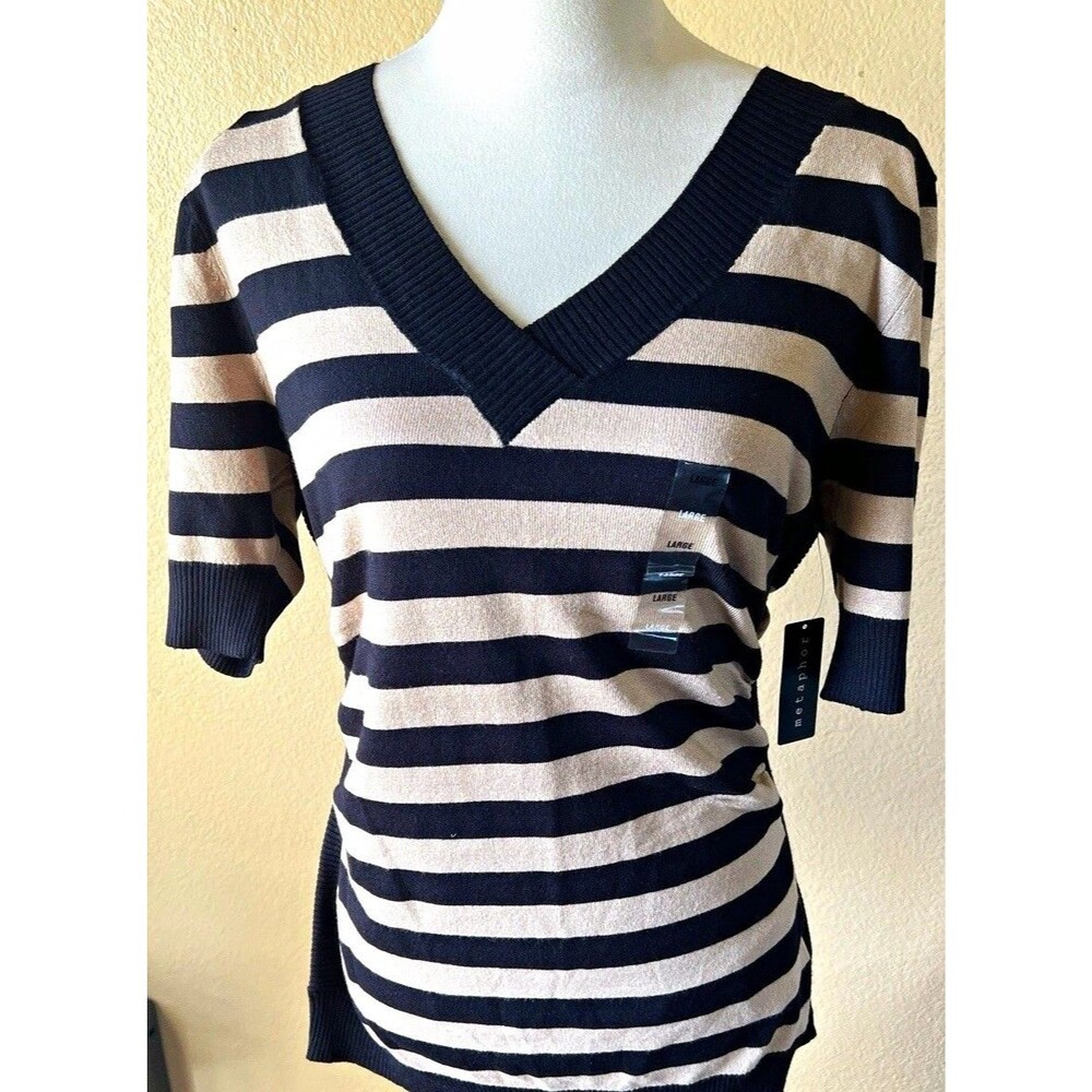 Metaphor Striped Knit Top Women's L Black Beige V-Neck Short Sleeve Pullover